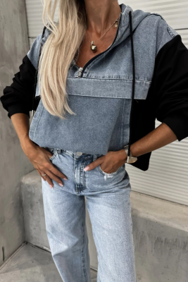 Fashionable Loose Casual Washed Denim Stitching Hooded Women'S Sweatshirt