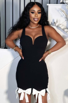 Black V-Neck Sexy Suspenders Bow Tassel Hip Dress