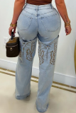 Blue Women's Casual Embroidered Straight Jeans