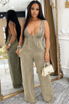 Khaki New Solid Color Backless Sleeveless Loose Jumpsuit