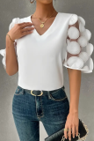 Summer Solid Color Simple V-Neck Lace Stitching Short-Sleeved Shirt