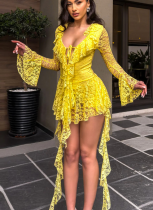 Lace Lotus Leaf Ribbon Long Sleeves With Safety Pants Dress