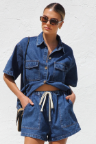 Summer Women'S Casual Loose Pocket Short-Sleeved Shirt Denim Two-Piece Suit