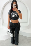 Street Print Short Sleeve Top Straight Pants Two-Piece Set