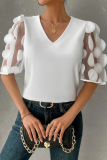Summer Solid Color Simple V-Neck Lace Stitching Short-Sleeved Shirt