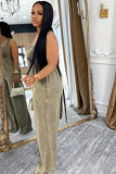 Khaki New Solid Color Backless Sleeveless Loose Jumpsuit