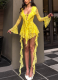 Lace Lotus Leaf Ribbon Long Sleeves With Safety Pants Dress