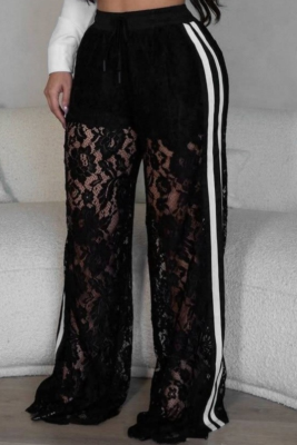 Black Fashion Casual Street Style Stitching Lace Sexy Straight Pants