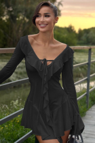 New Hot Girl Sexy Slim Fit Ruffled Long Sleeves Tie Dress