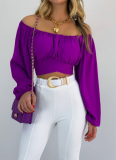 Navel-baring Boat Neckline Lace-up Bubble Lantern Sleeve Shirt
