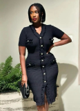 French Chanel Style Buttoned Short Sleeve Waist Slim V-neck Knitted Dress