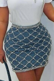Blue Beaded Rhinestone Zipper Sexy Mini Bag Hip Denim Skirt