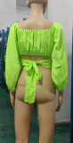 Navel-baring Boat Neckline Lace-up Bubble Lantern Sleeve Shirt