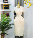 French Chanel Style Buttoned Short Sleeve Waist Slim V-neck Knitted Dress