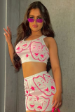 White New Printed Vest Summer Outerwear High Waist Shorts Two Piece Set