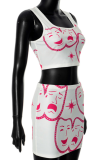 White New Printed Vest Summer Outerwear High Waist Shorts Two Piece Set