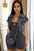 Solid Color Acid Wash Fried Color Jumpsuit Shorts And Jacket Two-Piece Set