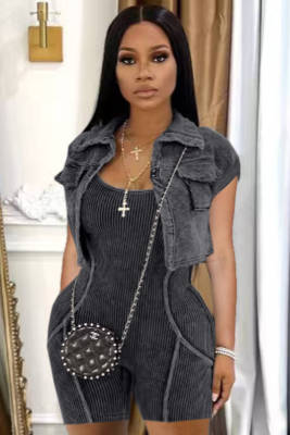 Solid Color Acid Wash Fried Color Jumpsuit Shorts And Jacket Two-Piece Set