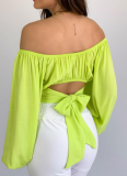 Navel-baring Boat Neckline Lace-up Bubble Lantern Sleeve Shirt