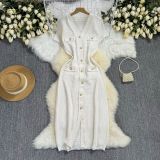 French Chanel Style Buttoned Short Sleeve Waist Slim V-neck Knitted Dress