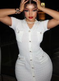 French Chanel Style Buttoned Short Sleeve Waist Slim V-neck Knitted Dress
