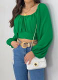 Navel-baring Boat Neckline Lace-up Bubble Lantern Sleeve Shirt