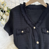 French Chanel Style Buttoned Short Sleeve Waist Slim V-neck Knitted Dress