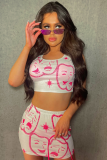 White New Printed Vest Summer Outerwear High Waist Shorts Two Piece Set