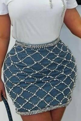 Blue Beaded Rhinestone Zipper Sexy Mini Bag Hip Denim Skirt