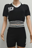 Fashionable Casual Summer Lapel Contrast Color Knitted Shorts Short Sleeves Two-Piece Suit