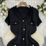 French Chanel Style Buttoned Short Sleeve Waist Slim V-neck Knitted Dress