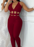 Sexy Waist Hollow Tie Halter Neck Tight Jumpsuit