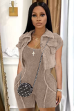 Solid Color Acid Wash Fried Color Jumpsuit Shorts And Jacket Two-Piece Set