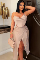 Sexy Slim-Fitting Lace-Up Collar Tank Top With High Slit Skirt Two-Piece Set