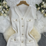 French Chanel Style Buttoned Short Sleeve Waist Slim V-neck Knitted Dress