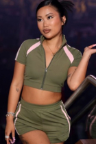 Sports High Collar Stitching Zipper Short Sleeve Tight Contrast Color Short Top Shorts Two-Piece Set