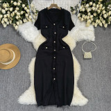 French Chanel Style Buttoned Short Sleeve Waist Slim V-neck Knitted Dress