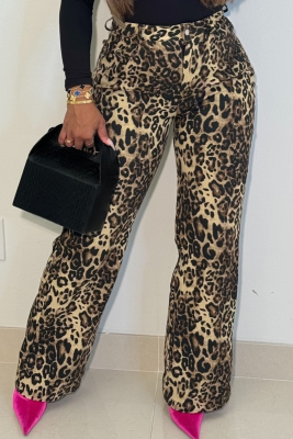Leopard Print Fashionable Sexy All-Match Wide-Leg Pants Slightly Elastic High Waist Women'S Trousers