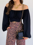 Navel-baring Boat Neckline Lace-up Bubble Lantern Sleeve Shirt
