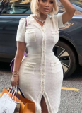 French Chanel Style Buttoned Short Sleeve Waist Slim V-neck Knitted Dress