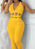 Sexy Waist Hollow Tie Halter Neck Tight Jumpsuit