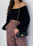 Navel-baring Boat Neckline Lace-up Bubble Lantern Sleeve Shirt