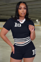 Fashionable Casual Summer Lapel Contrast Color Knitted Shorts Short Sleeves Two-Piece Suit