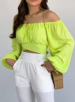 Navel-baring Boat Neckline Lace-up Bubble Lantern Sleeve Shirt