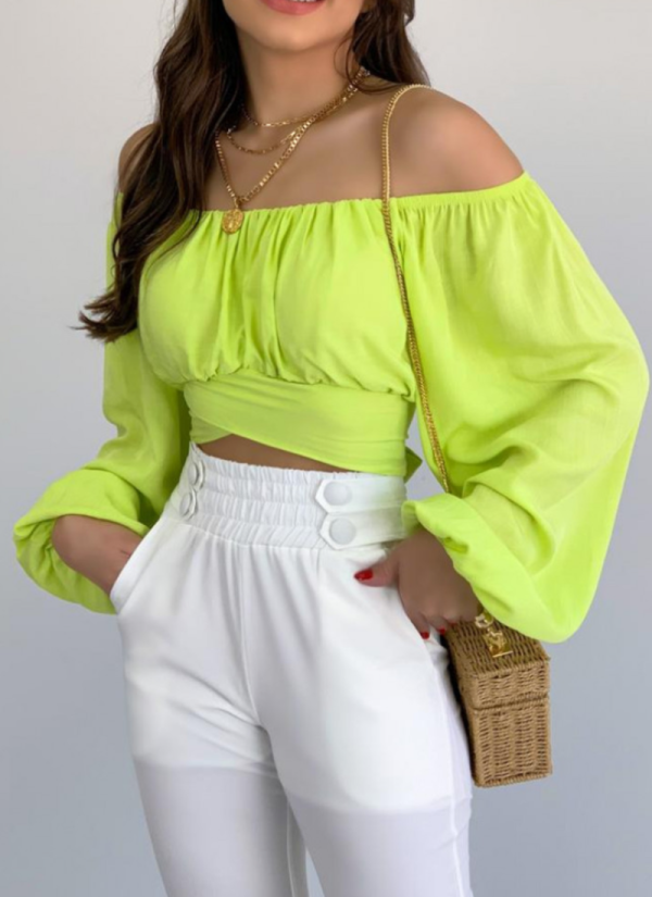 Navel-baring Boat Neckline Lace-up Bubble Lantern Sleeve Shirt