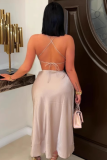 Sexy Slim-Fitting Lace-Up Collar Tank Top With High Slit Skirt Two-Piece Set
