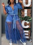 Temperament Cardigan Commuter Blue Denim Patchwork Mesh Dress