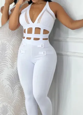 Sexy Waist Hollow Tie Halter Neck Tight Jumpsuit