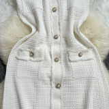 French Chanel Style Buttoned Short Sleeve Waist Slim V-neck Knitted Dress