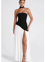 Contrast Color Zipper Bodycon Dress with Irregular Slits
